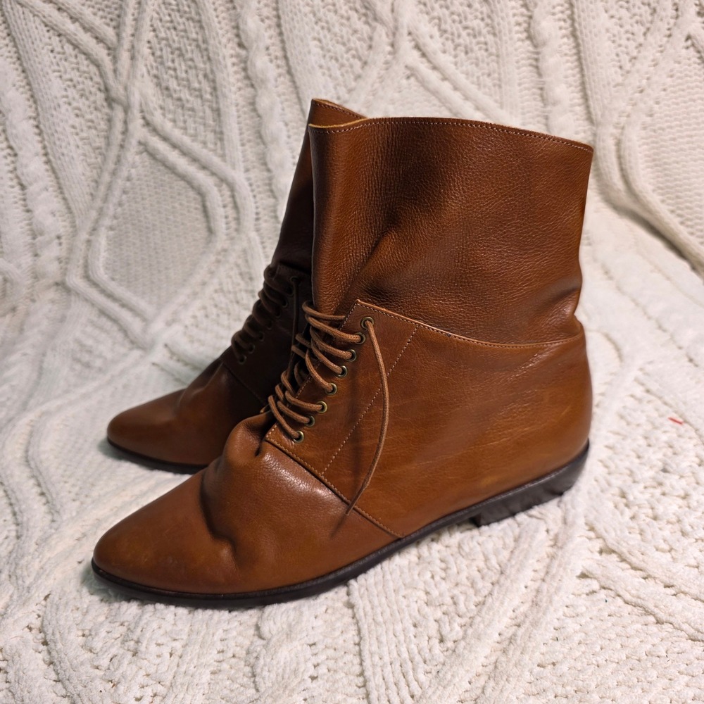 Vintage Vaneli Granny Lace Up Ankle Boots Brown Leather Slouchy Womens 8.5 N NEW